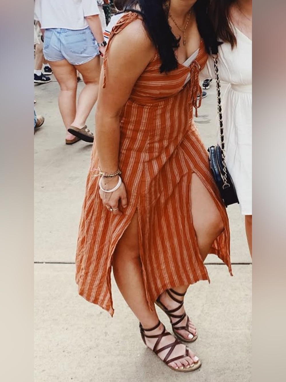 Rust-Striped Tie-Front Midi Dress
